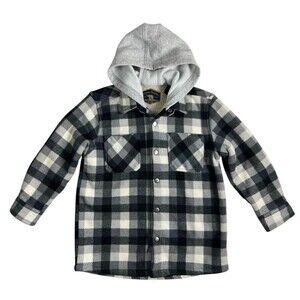 Freedom Foundry Boys Sherpa Lined Fleece Black Plaid Hoodie Shacket  S (7-8)